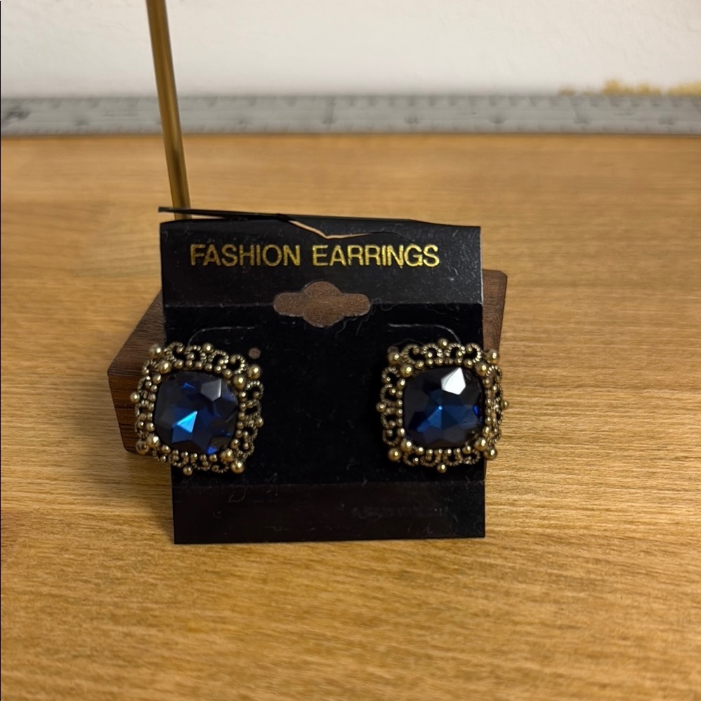 Square blue crystal antique large stud earrings antique gold intricate border